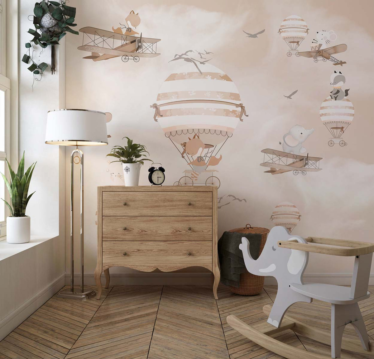 Tapet Personalizat Micii Exploratori cu animale in baloane cu aer cald si avioane in nuante crem sepia - FLOATING ANIMALS