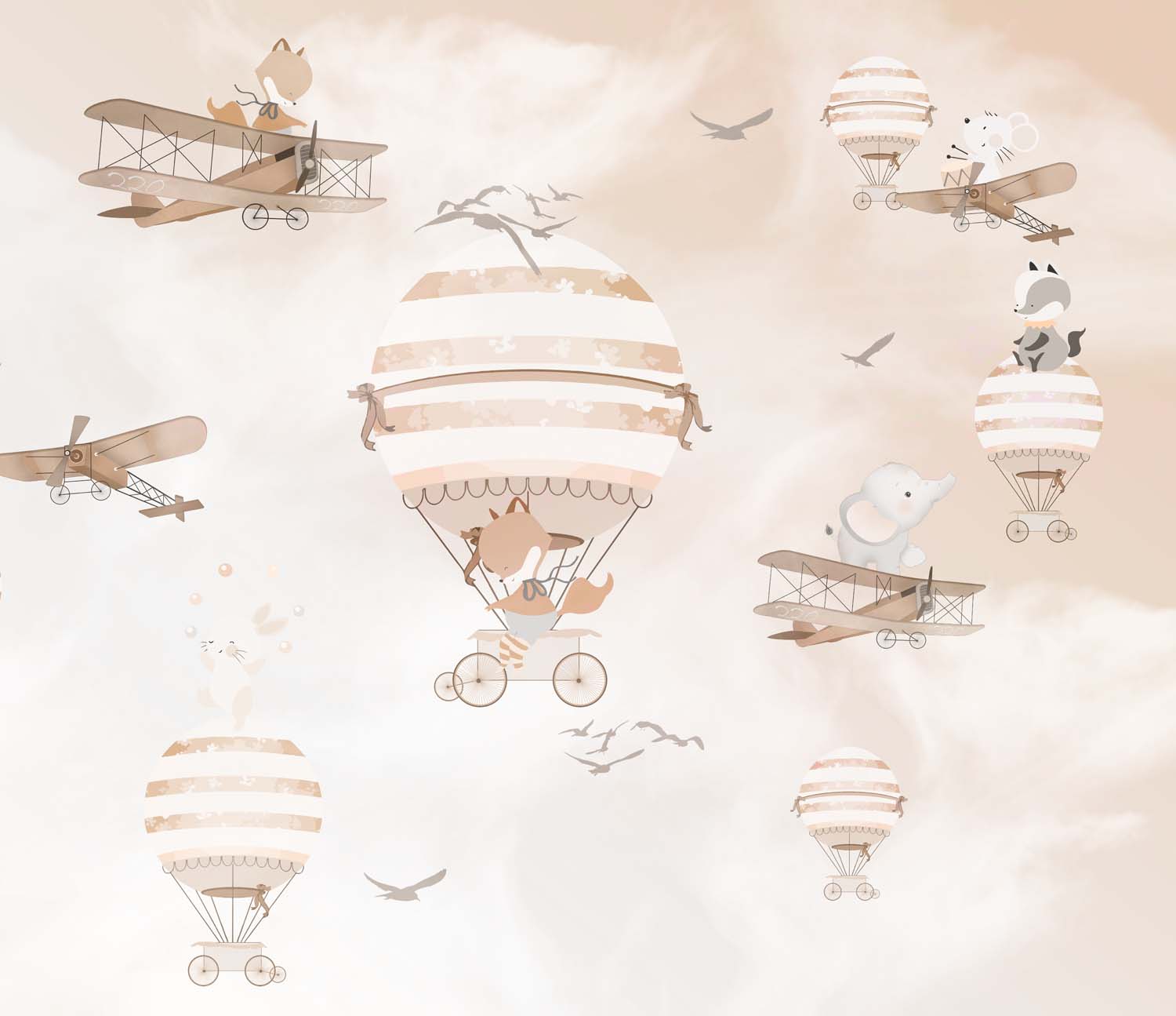 Tapet Personalizat Micii Exploratori cu animale in baloane cu aer cald si avioane in nuante crem sepia - FLOATING ANIMALS