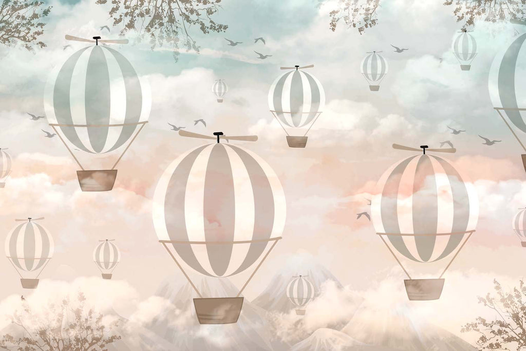 Tapet Personalizat Micii Exploratori cu baloane cu aer cald pe fundal montan in gradient - CLOUDS OVERLAY