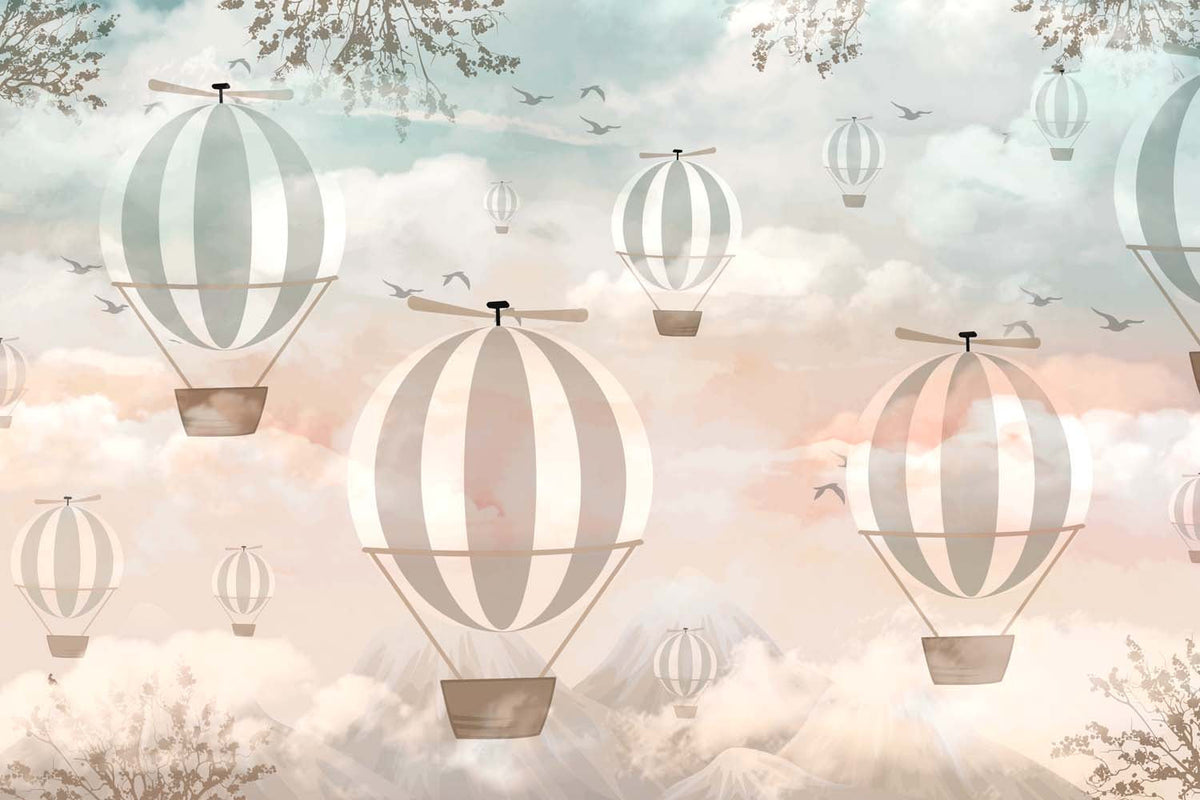 Tapet Personalizat Micii Exploratori cu baloane cu aer cald pe fundal montan in gradient - CLOUDS OVERLAY