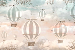 Tapet Personalizat Micii Exploratori cu baloane cu aer cald pe fundal montan in gradient - CLOUDS OVERLAY