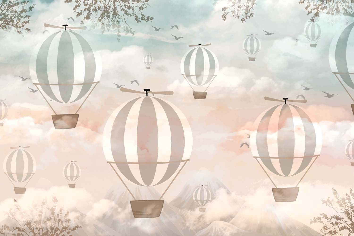 Tapet Personalizat Micii Exploratori cu baloane cu aer cald pe fundal montan in gradient - CLOUDS OVERLAY