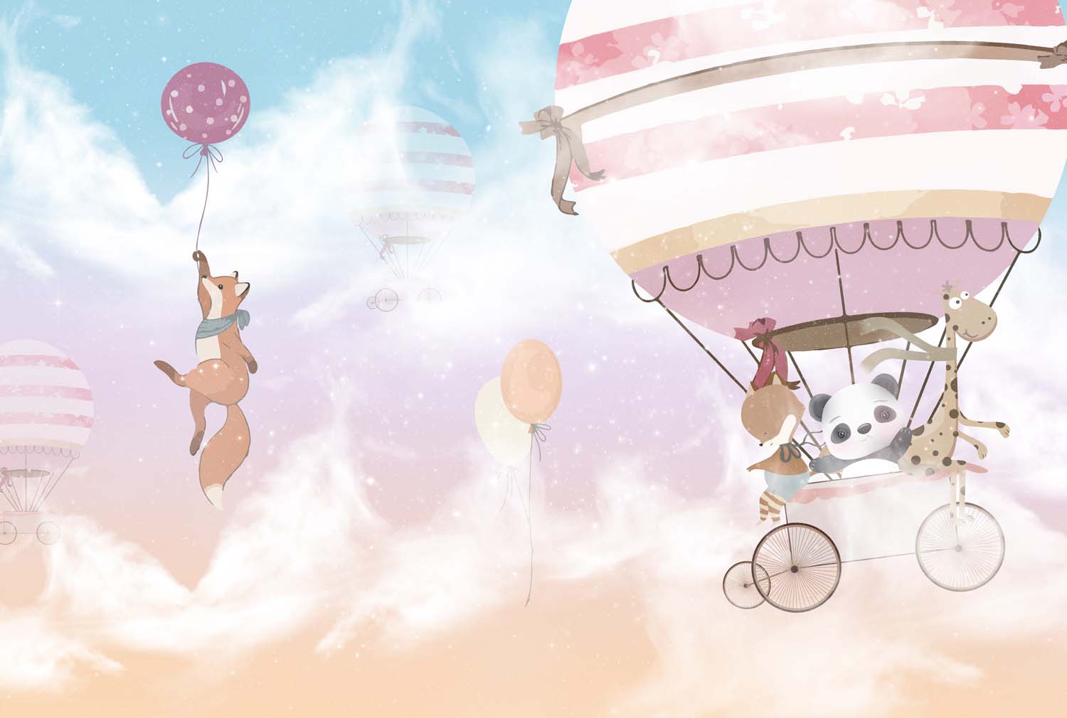 Tapet Personalizat Micii Exploratori cu vulpe agatata de balon roz - FLOATING FOX