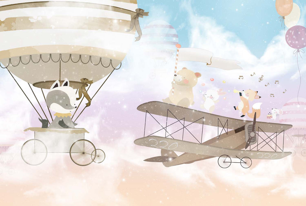 Tapet Personalizat Micii Exploratori cu animale care canta pe avion pe cerul multicolor - PASTEL FLYING SONGS