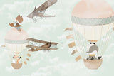 Tapet Personalizat Micii Exploratori cu animale pe baloanele cu aer cald pe cer verde menta - CARTOON FLIGHT