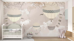 Tapet Personalizat Micii Exploratori cu baloane cu aer cald si steaguri in nuante de bej - BEIGE IN THE CLOUDS