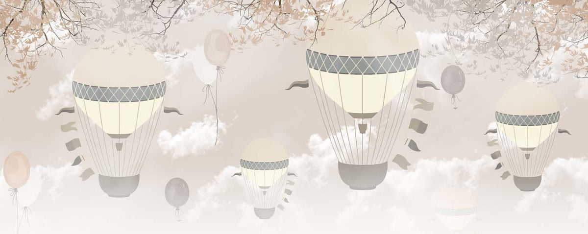 Tapet Personalizat Micii Exploratori cu baloane cu aer cald si steaguri in nuante de bej - BEIGE IN THE CLOUDS
