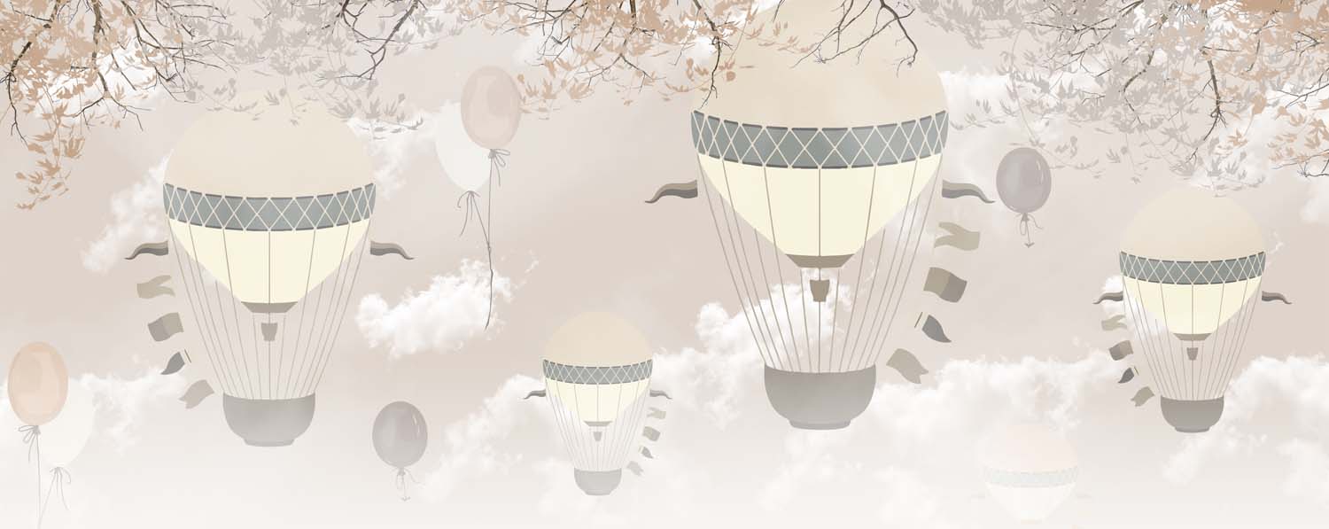 Tapet Personalizat Micii Exploratori cu baloane cu aer cald si steaguri in nuante de bej - BEIGE IN THE CLOUDS