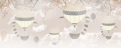 Tapet Personalizat Micii Exploratori cu baloane cu aer cald si steaguri in nuante de bej - BEIGE IN THE CLOUDS