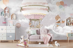 Tapet Personalizat Micii Exploratori cu animale si balon cu aer cald in ninsoare - SNOWY SKY HIGH