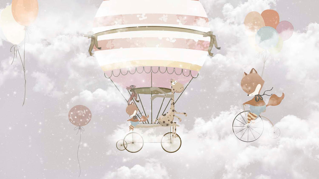 Tapet Personalizat Micii Exploratori cu animale si balon cu aer cald in ninsoare - SNOWY SKY HIGH