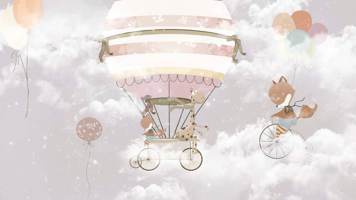 Tapet Personalizat Micii Exploratori cu animale si balon cu aer cald in ninsoare - SNOWY SKY HIGH