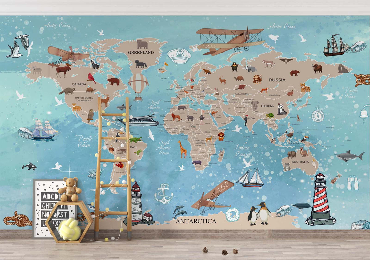 Tapet Personalizat Micii Exploratori cu harta lumii pentru copii in stil maritim - MARINE MAP