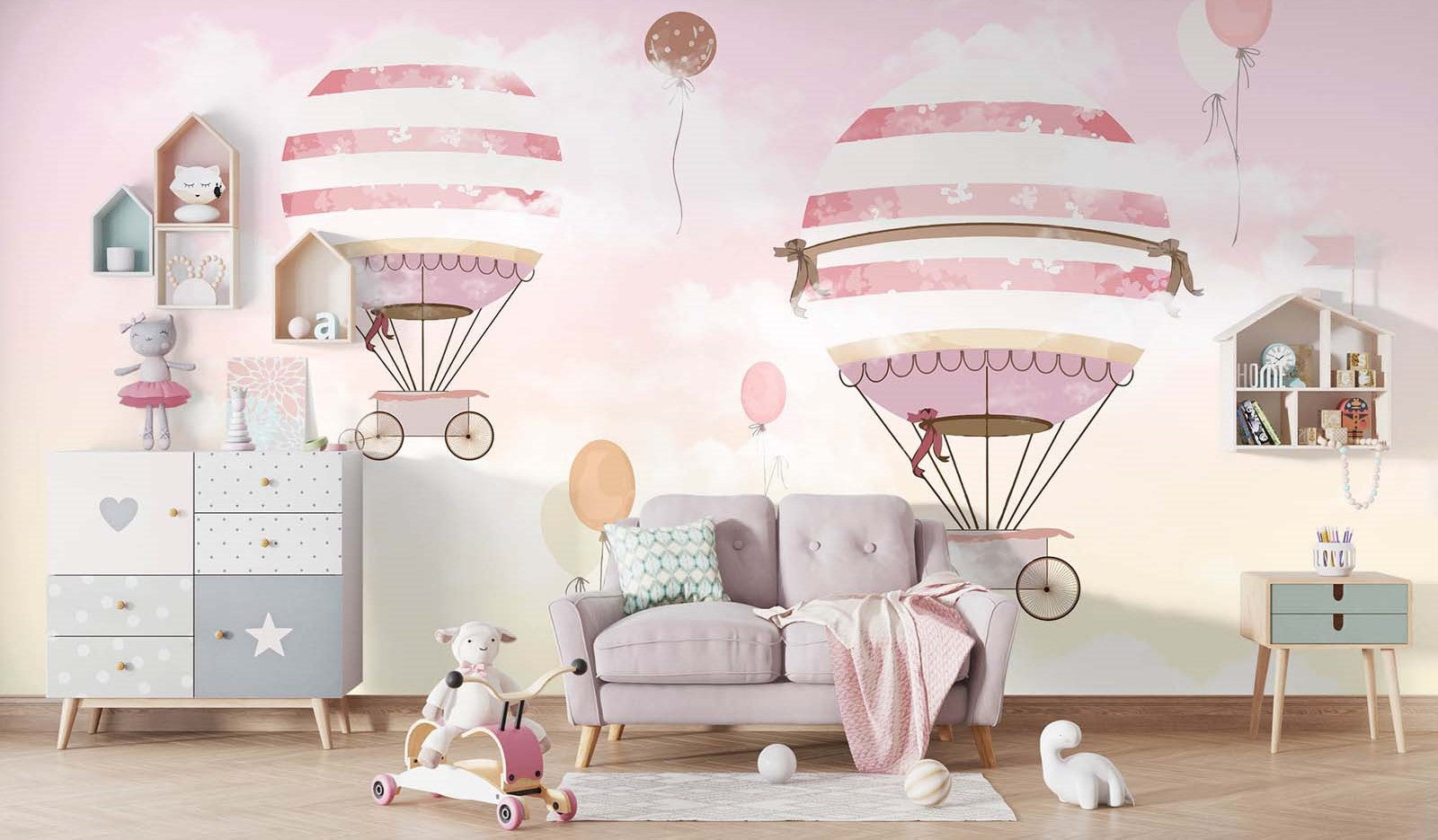 Tapet Personalizat Micii Exploratori cu baloane cu aer cald pe fundal roz-galben - PINK BIRTHDAY BALLOONS