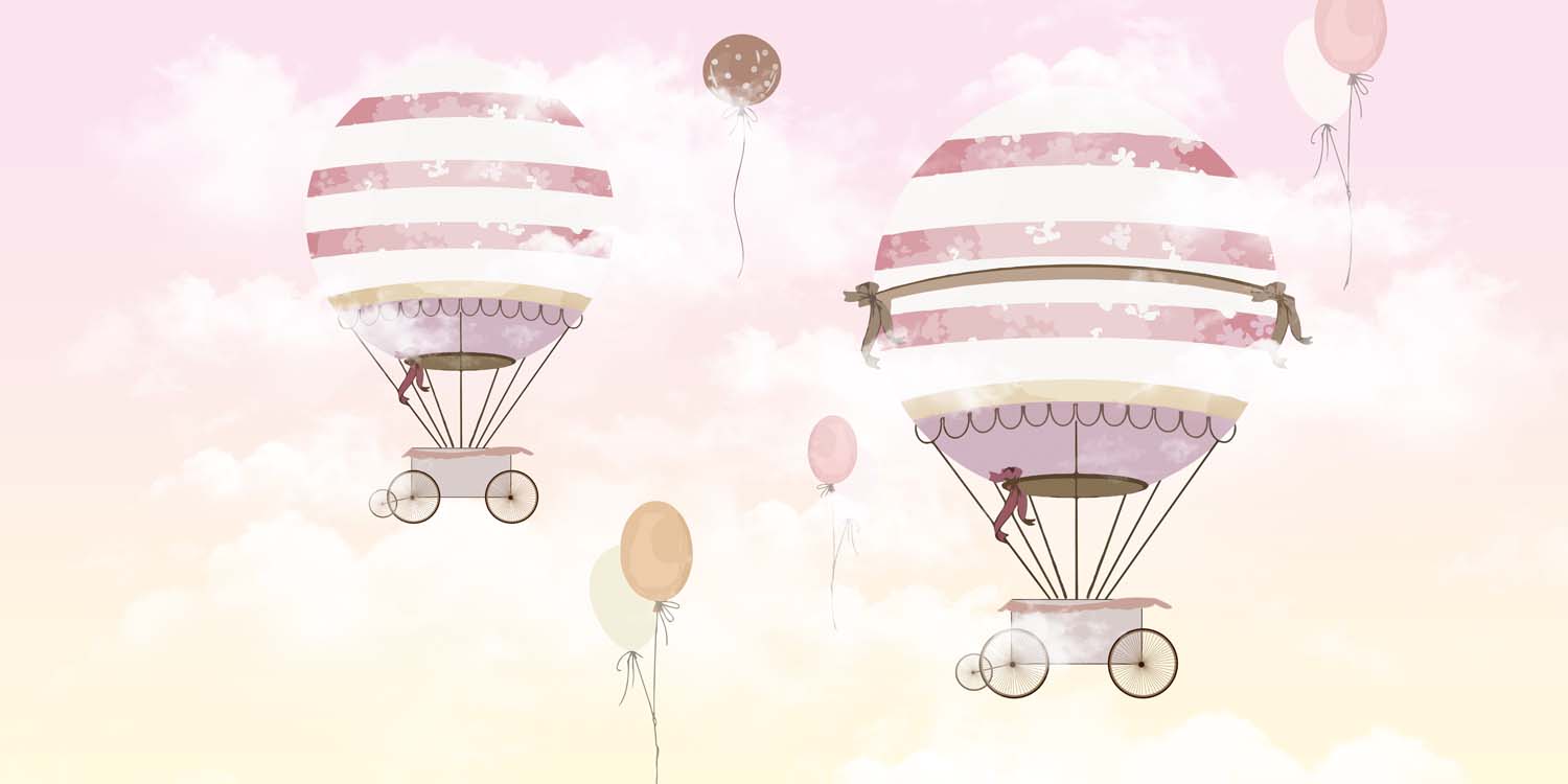 Tapet Personalizat Micii Exploratori cu baloane cu aer cald pe fundal roz-galben - PINK BIRTHDAY BALLOONS