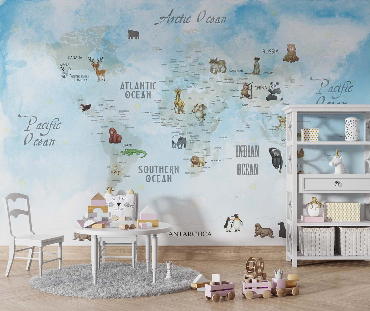 Tapet Personalizat Micii Exploratori cu harta lumii pentru copii pe fundal albastru texturat - TEXTURED BLUE MAP
