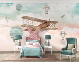 Tapet Personalizat Micii Exploratori cu avion biplan si baloane cu aer cald pe cerul gradient albastru crem - CALM SKY ABOVE
