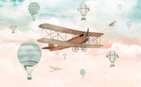 Tapet Personalizat Micii Exploratori cu avion biplan si baloane cu aer cald pe cerul gradient albastru crem - CALM SKY ABOVE