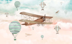 Tapet Personalizat Micii Exploratori cu avion biplan si baloane cu aer cald pe cerul gradient albastru crem - CALM SKY ABOVE