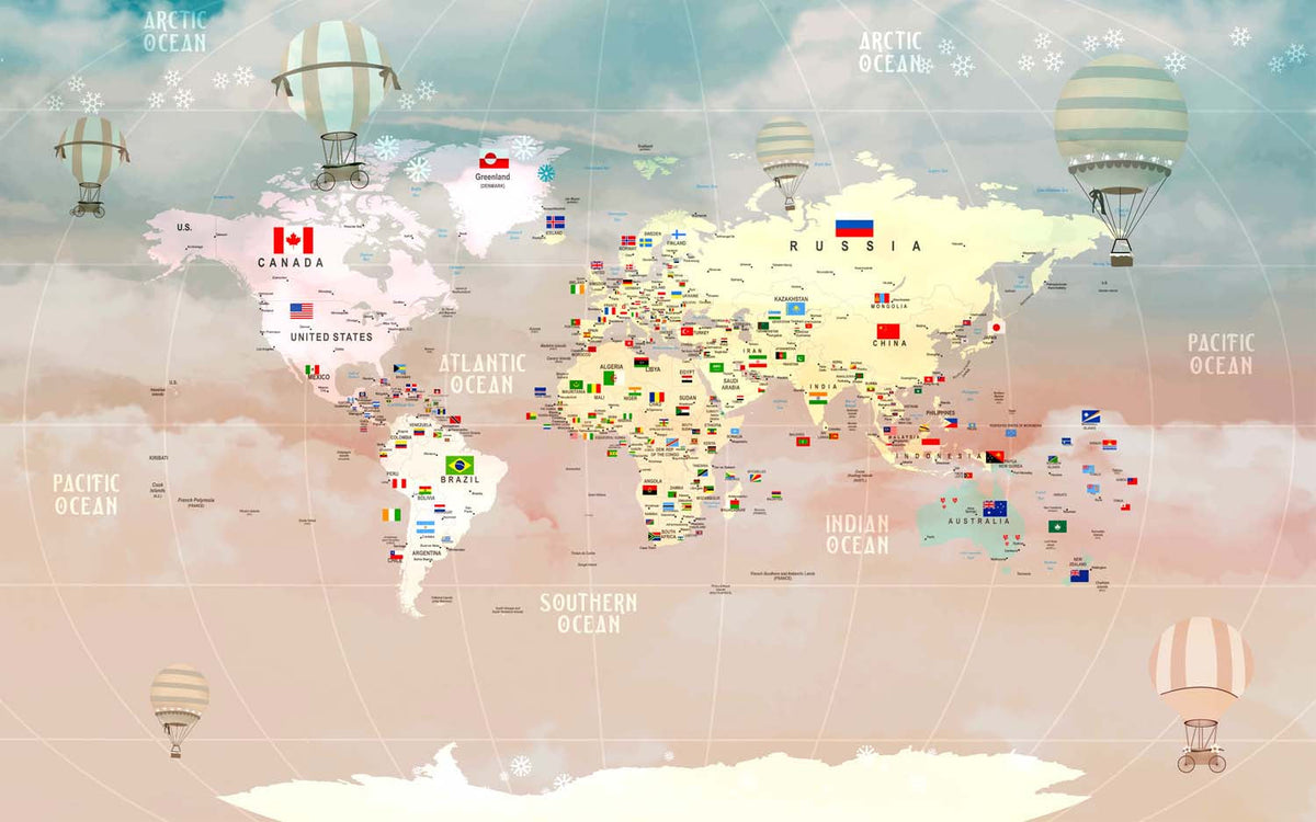 Tapet Personalizat Micii Exploratori cu harta lumii detaliata cu steaguri pe un fundal gradient - GLOBE FLAGS MAP