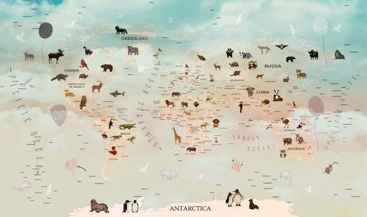 Tapet Personalizat Micii Exploratori cu harta lumii cu animale si baloane - DESERT ANIMAL MAP