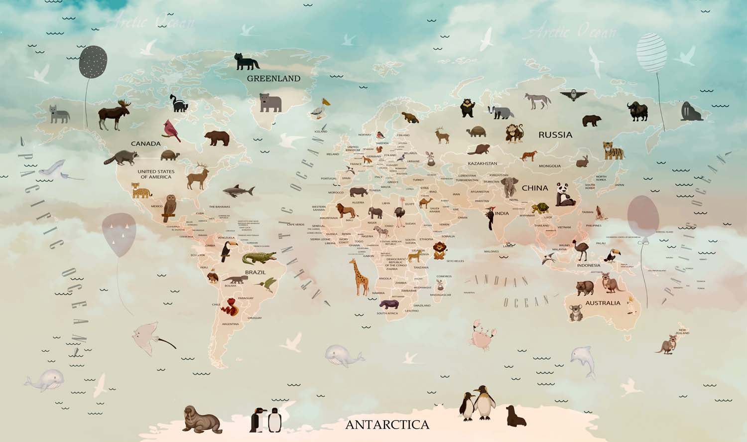 Tapet Personalizat Micii Exploratori cu harta lumii cu animale si baloane - DESERT ANIMAL MAP