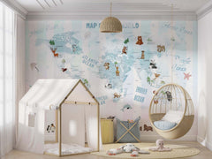 Tapet Personalizat Micii Exploratori cu harta lumii pe un fundal in dungi in nuante pastel de roz si albastru - BABY BLUE PASTEL MAP