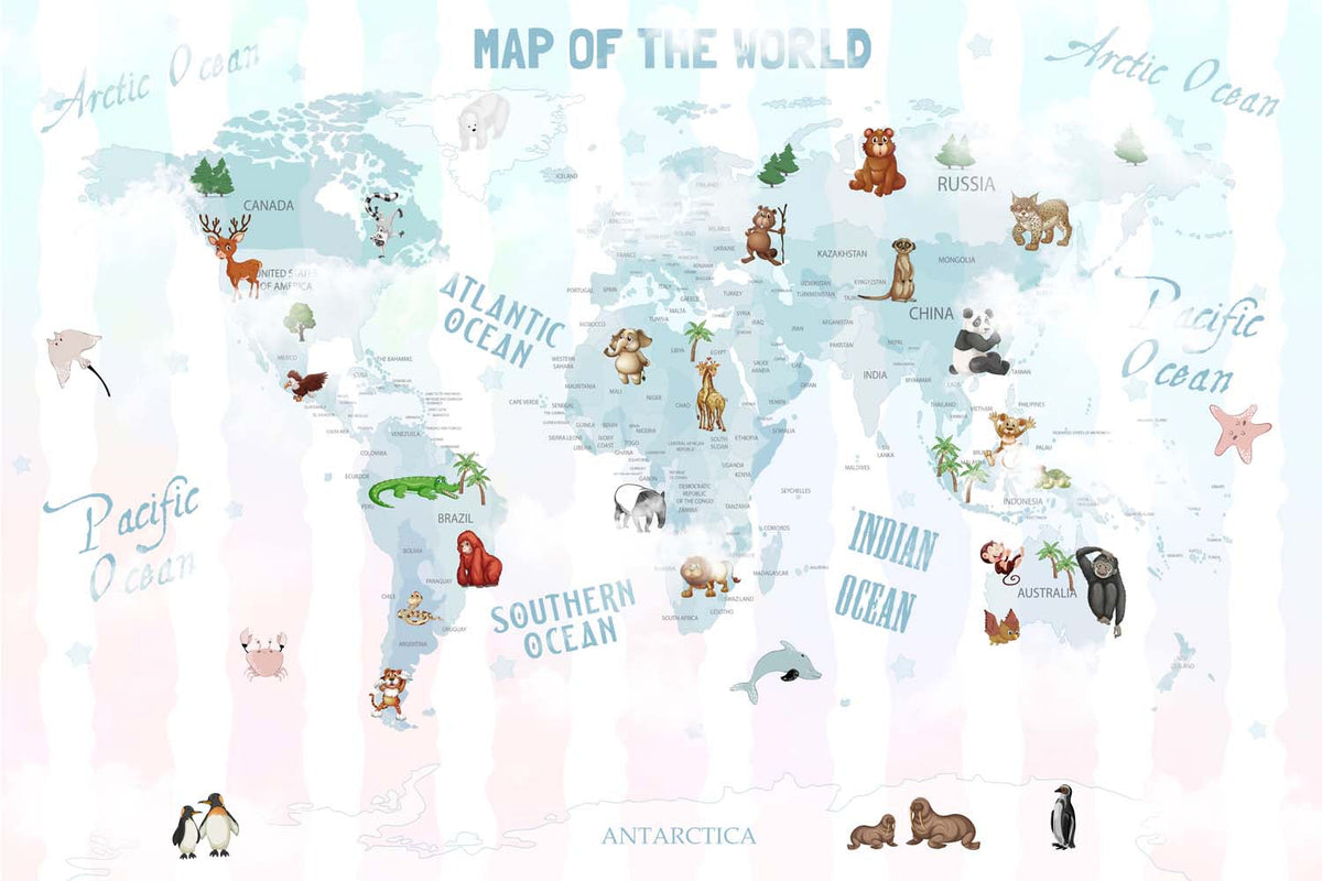 Tapet Personalizat Micii Exploratori cu harta lumii pe un fundal in dungi in nuante pastel de roz si albastru - BABY BLUE PASTEL MAP
