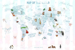 Tapet Personalizat Micii Exploratori cu harta lumii pe un fundal in dungi in nuante pastel de roz si albastru - BABY BLUE PASTEL MAP