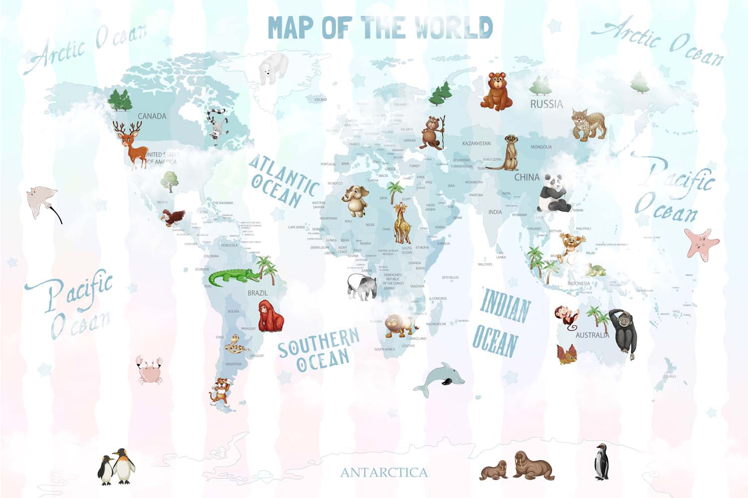 Tapet Personalizat Micii Exploratori cu harta lumii pe un fundal in dungi in nuante pastel de roz si albastru - BABY BLUE PASTEL MAP