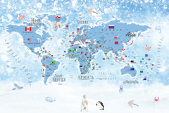 Tapet Personalizat Micii Exploratori cu harta lumii detaliata cu steaguri si zapada - FROZEN WINTER MAP