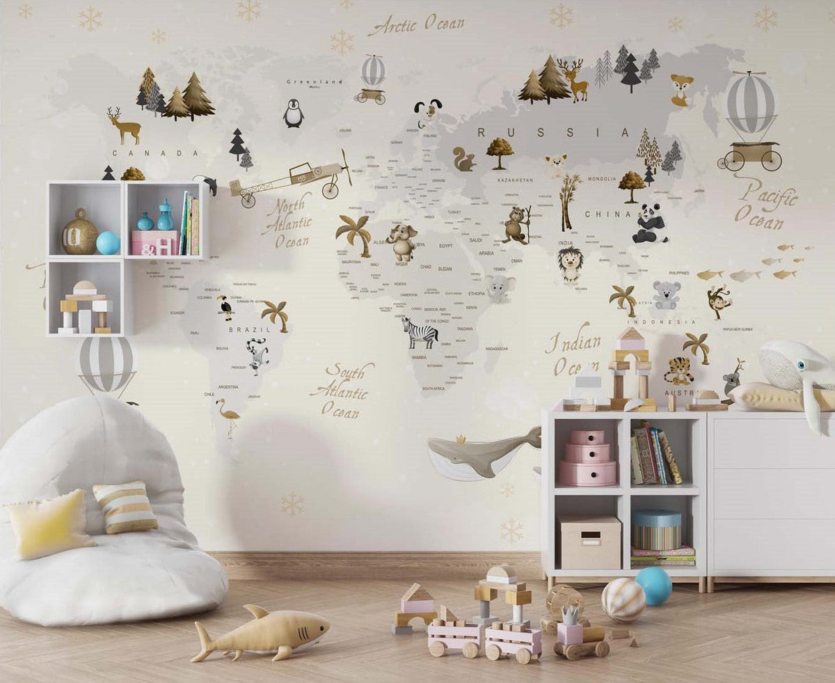 Tapet Personalizat Micii Exploratori cu harta lumii in nuante de bej cu fulgi de zapada - BEIGE SNOWFLAKES MAP