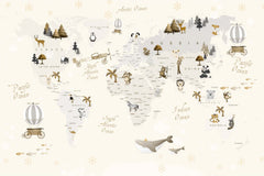 Tapet Personalizat Micii Exploratori cu harta lumii in nuante de bej cu fulgi de zapada - BEIGE SNOWFLAKES MAP