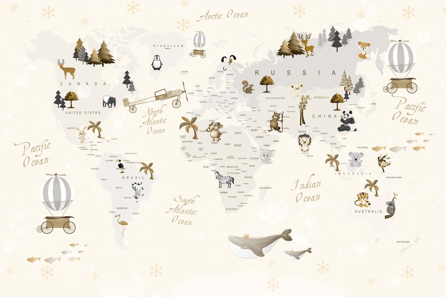 Tapet Personalizat Micii Exploratori cu harta lumii in nuante de bej cu fulgi de zapada - BEIGE SNOWFLAKES MAP