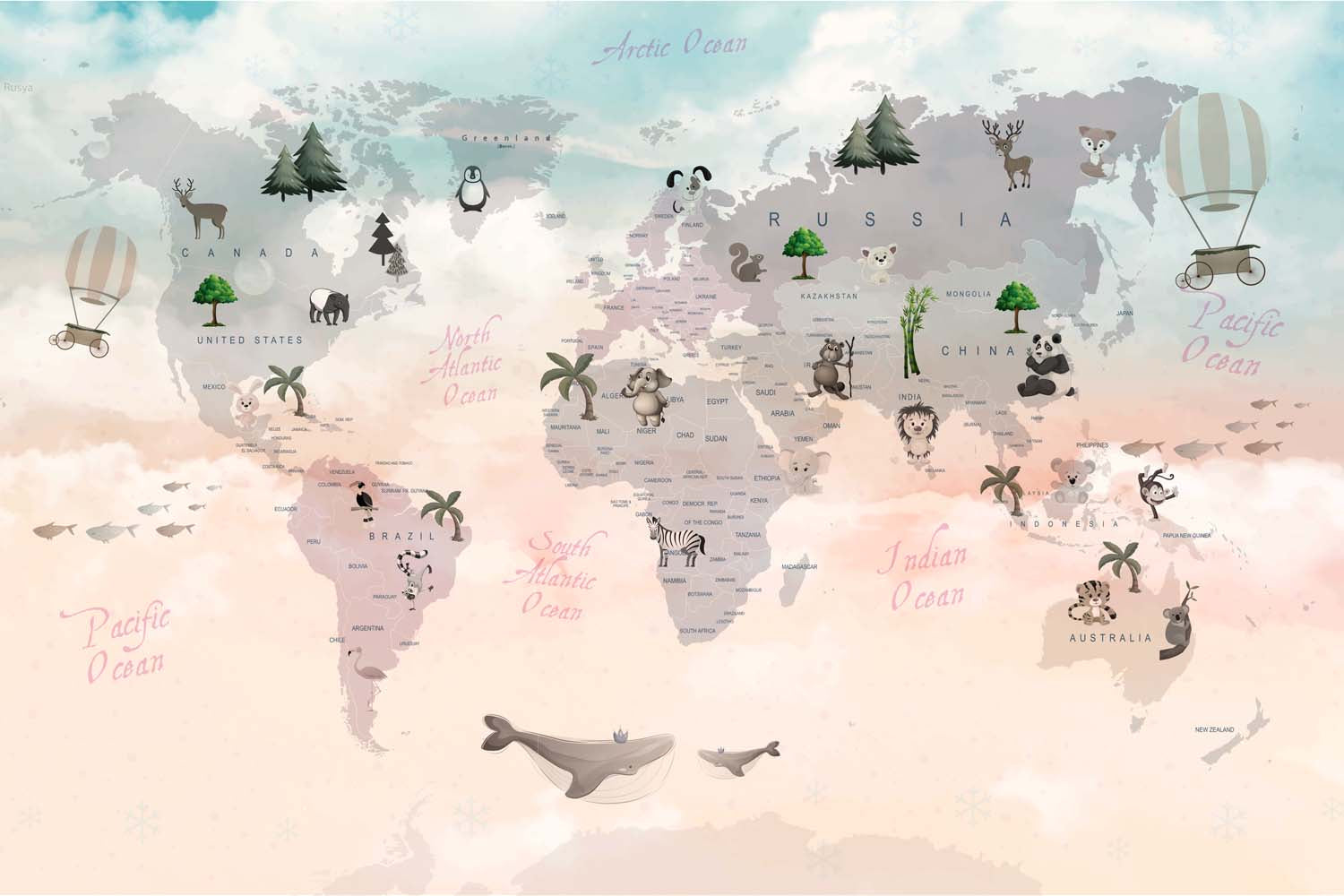 Tapet Personalizat Micii Exploratori cu harta lumii in stil tropical - TROPICAL TIDE MAP