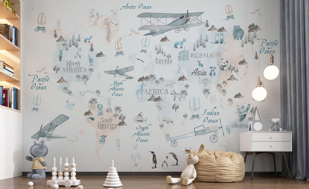 Tapet Personalizat Micii Exploratori cu harta lumii cu animale si avioane in nuante de albastru si bej - THE BLUE MAP