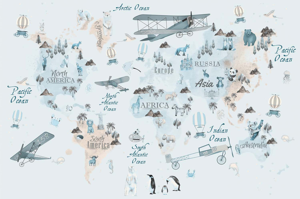 Tapet Personalizat Micii Exploratori cu harta lumii cu animale si avioane in nuante de albastru si bej - THE BLUE MAP
