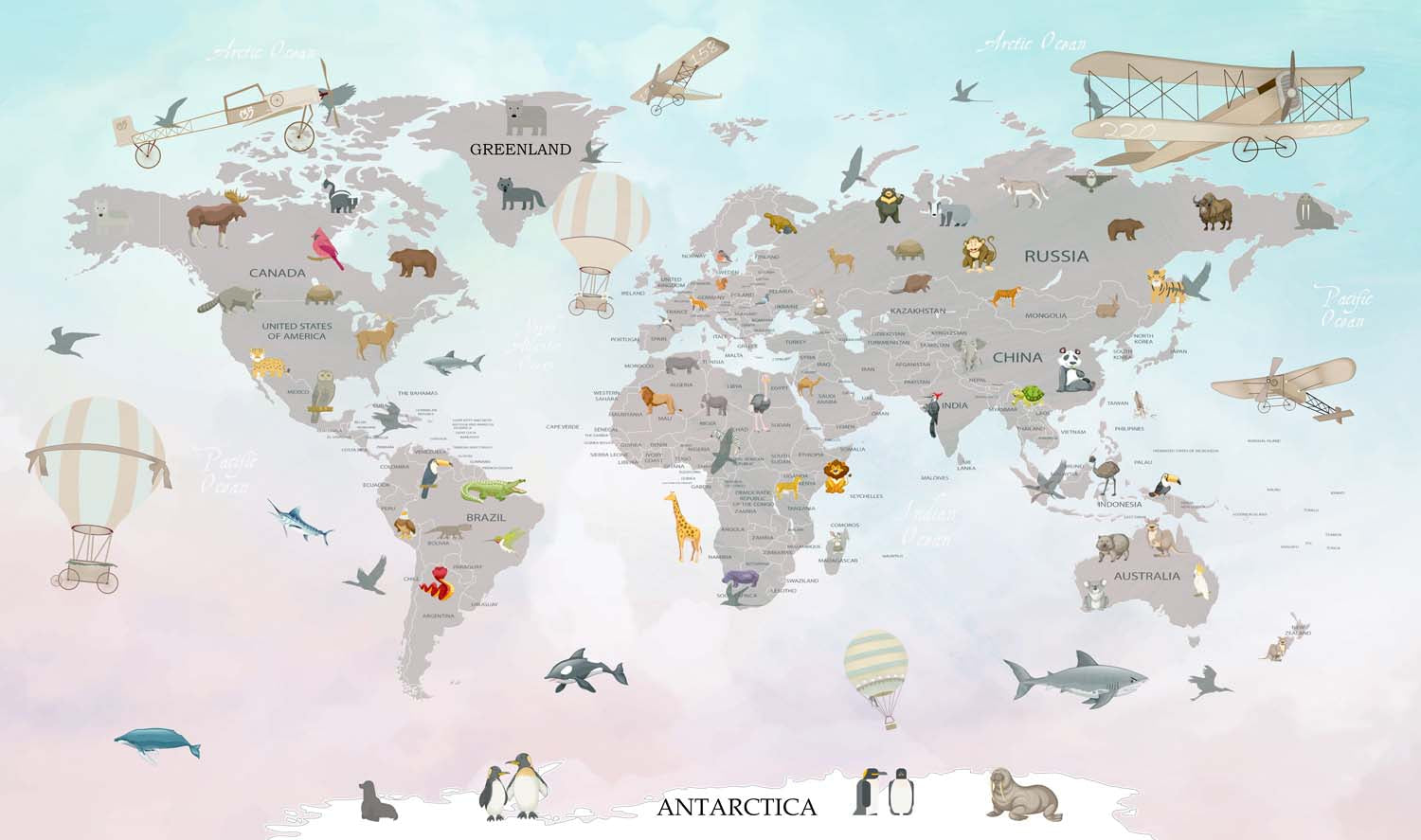 Tapet Personalizat Micii Exploratori cu harta lumii cu animale si avioane cu fundal in gradient de albastru si roz - PASTEL GREY CONTINENTS