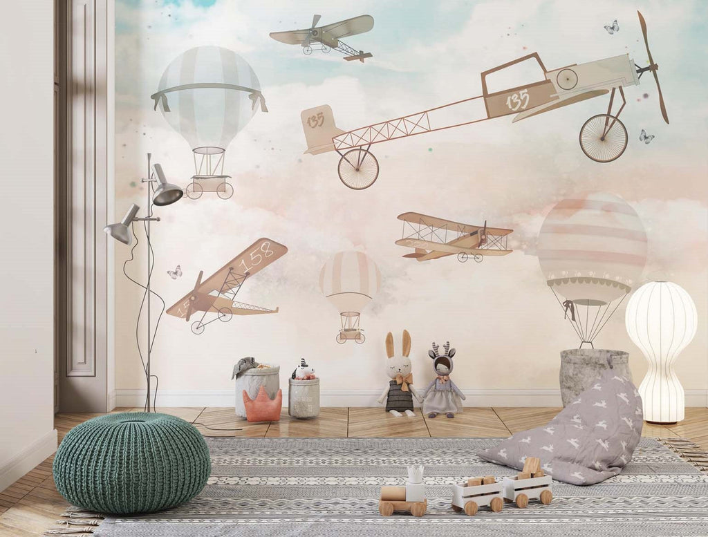 Tapet Personalizat Micii Exploratori cu avioane, baloane cu aer cald si fluturi in stil vintage - VINTAGE BUTTERFLY PLANES