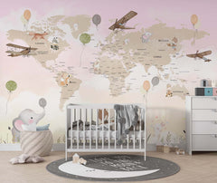 Tapet Personalizat Micii Exploratori cu harta lumii cu animale in nuante gradient de roz si crem - SUNNY MAP