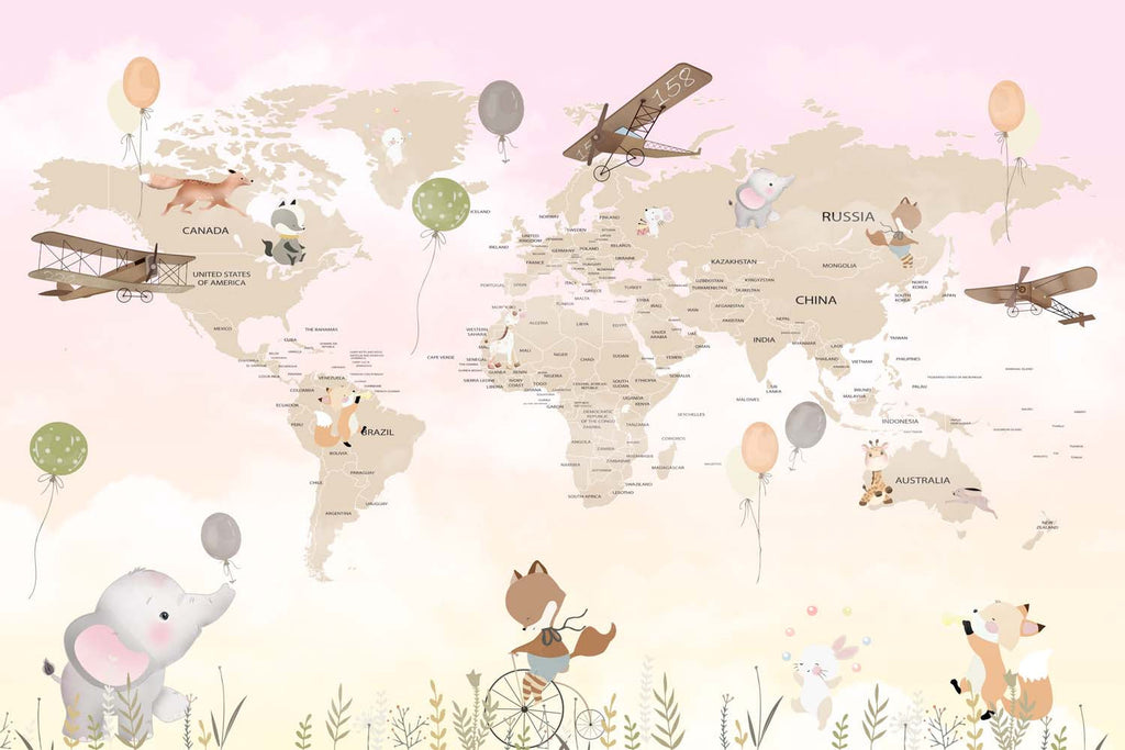 Tapet Personalizat Micii Exploratori cu harta lumii cu animale in nuante gradient de roz si crem - SUNNY MAP