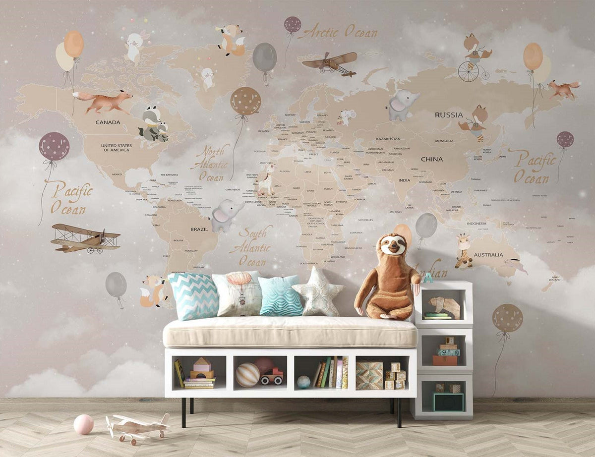 Tapet Personalizat Micii Exploratori cu harta lumii cu animale, baloane si avioane si accente de lumina - TWINKLE LIGHTS MAP