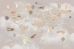Tapet Personalizat Micii Exploratori cu harta lumii cu animale, baloane si avioane si accente de lumina - TWINKLE LIGHTS MAP