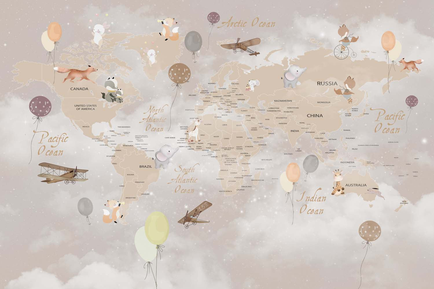 Tapet Personalizat Micii Exploratori cu harta lumii cu animale, baloane si avioane si accente de lumina - TWINKLE LIGHTS MAP