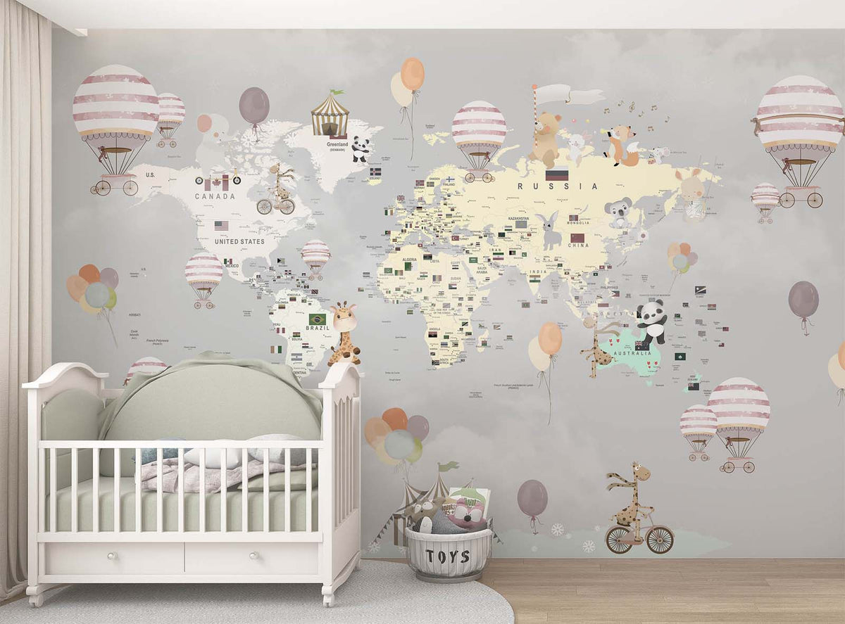 Tapet Personalizat Micii Exploratori cu harta lumii cu animalute la circ si baloane cu aer cald pe un fundal gri - GREY CELEBRATION MAP