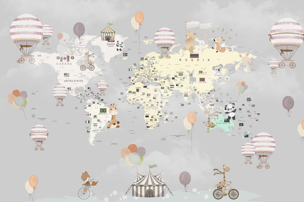 Tapet Personalizat Micii Exploratori cu harta lumii cu animalute la circ si baloane cu aer cald pe un fundal gri - GREY CELEBRATION MAP