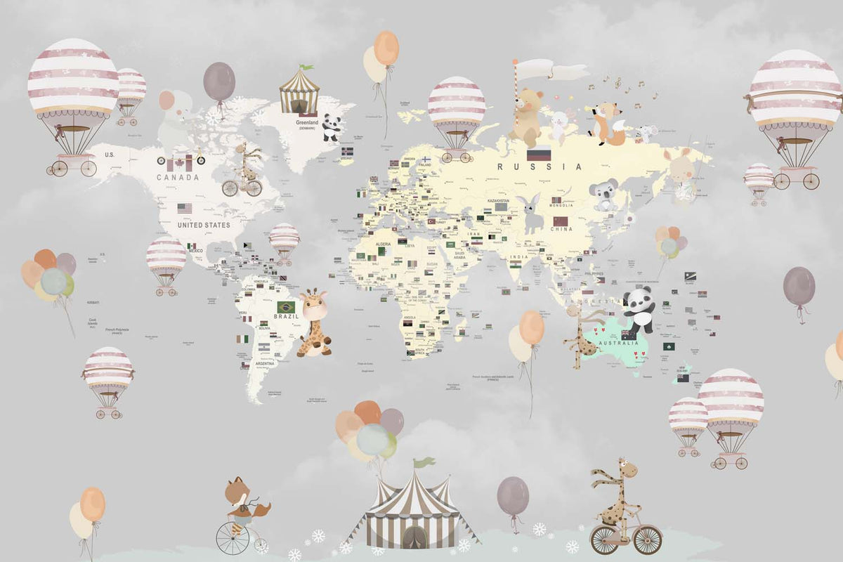 Tapet Personalizat Micii Exploratori cu harta lumii cu animalute la circ si baloane cu aer cald pe un fundal gri - GREY CELEBRATION MAP