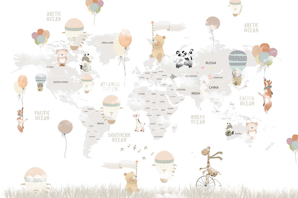 Tapet Personalizat Micii Exploratori cu harta lumii cu animalute plutind cu baloane cu aer cald pe un fundal alb - WHITE CELEBRATION MAP