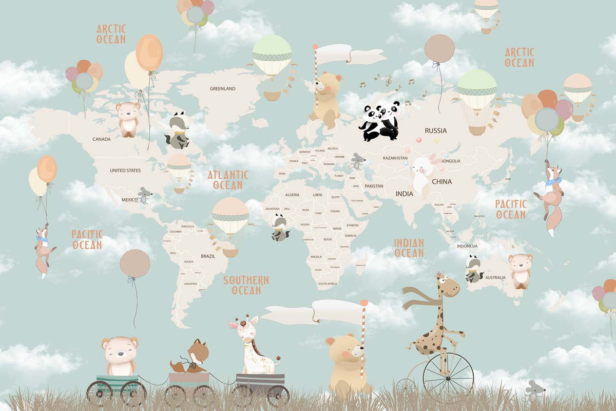 Tapet Personalizat Micii Exploratori cu harta lumii cu animalute plutind cu baloane cu aer cald pe un fundal albastru - BLUE CELEBRATION MAP