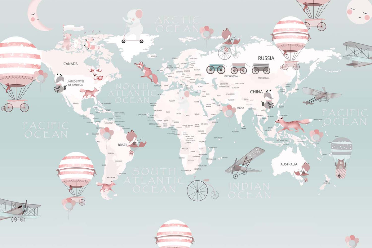 Tapet Personalizat Micii Exploratori cu harta lumii cu animale, baloane cu aer cald si avioane pe un fundal albastru deschis - LIGHT CYAN MAP